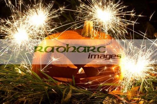 illuminated halloween pumpkin jack-o-lantern with sparklers