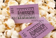 cinema entrance tickets and popcorn