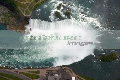 aerial view of the horseshoe falls from helicopter flight over niagara falls ontario canada